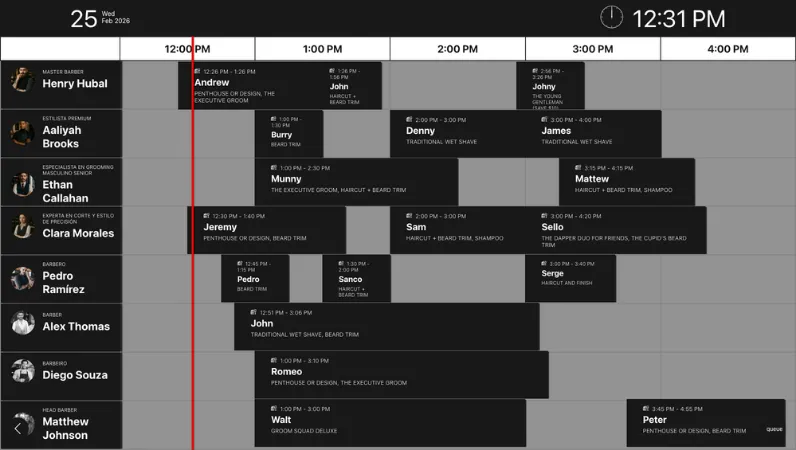 Painel de marcações da barbearia num ecrã de TV